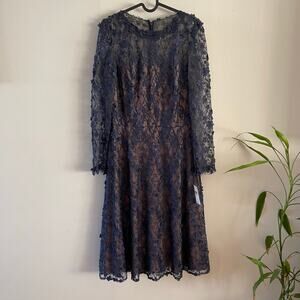 Tadashi Shoji Navy Blue Lace Midi Dress with Nude Lining